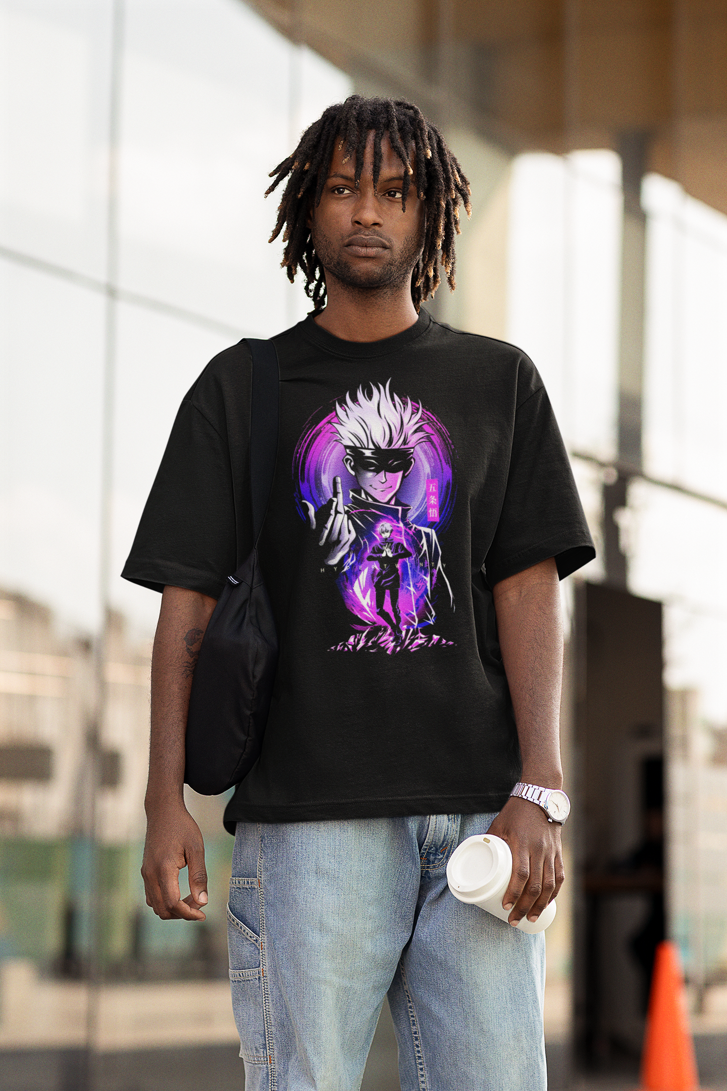Jujutsu Kaisen Gojo Printed Oversized T-Shirt – Anime Tee for Men 42 (Black)