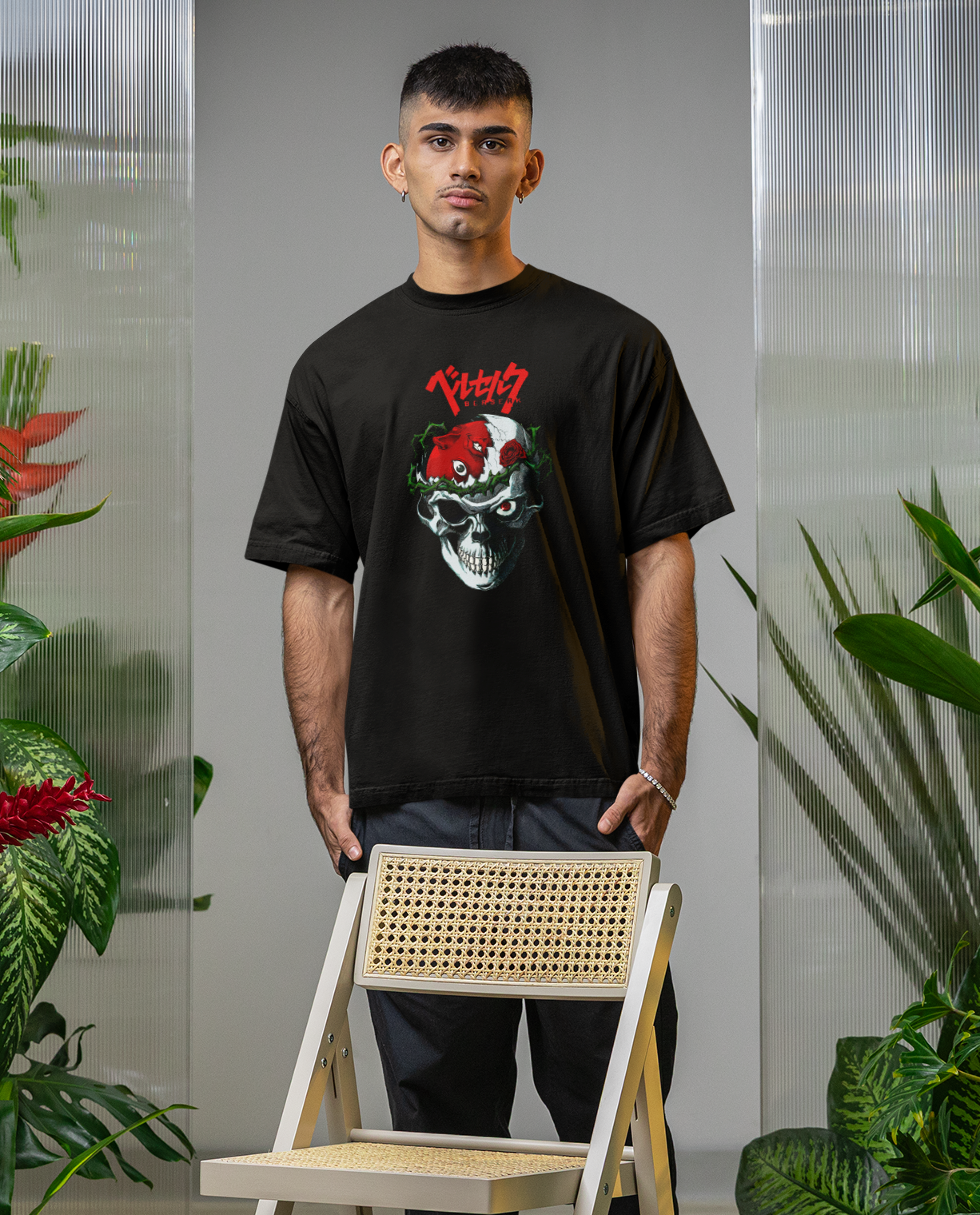 Berserk Anime Skull Printed Oversized T-Shirt – Anime Tee for Men 36 (Black)