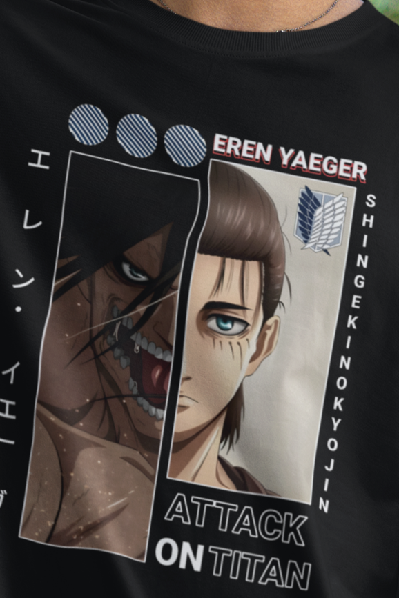 Attack on Titan Eren Oversized T-Shirt – Anime Tee for Men 31 (Black)