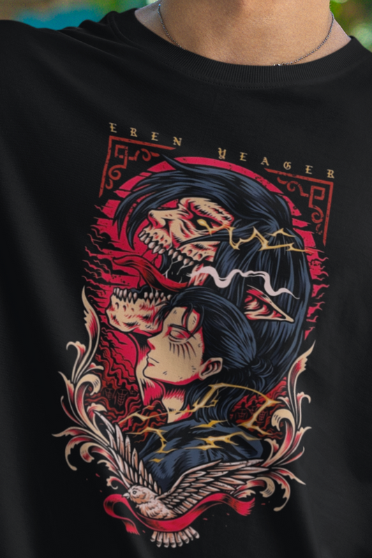 Attack on Titan Eren Oversized T-Shirt – Anime Tee for Men 32 (Black)