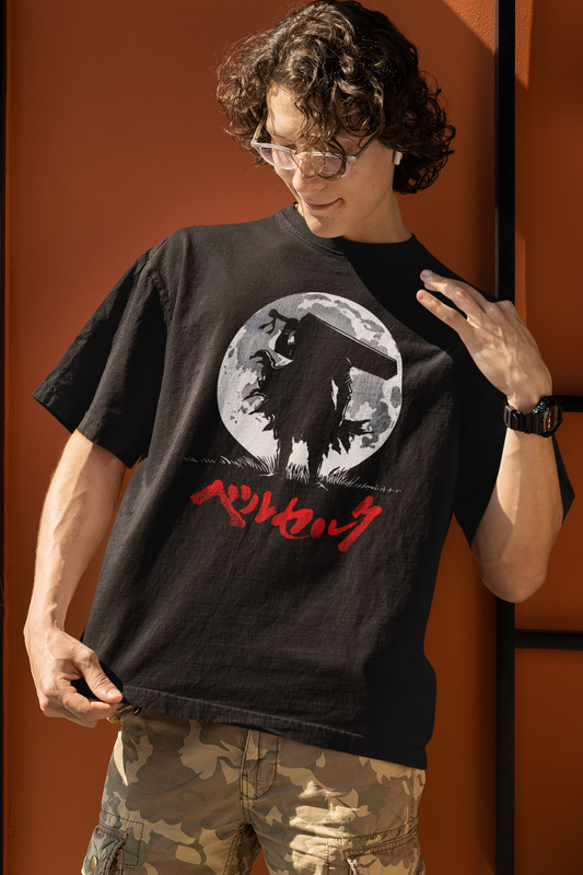 Berserk Anime Moon Printed Oversized T-Shirt – Anime Tee for Men 37 (Black)