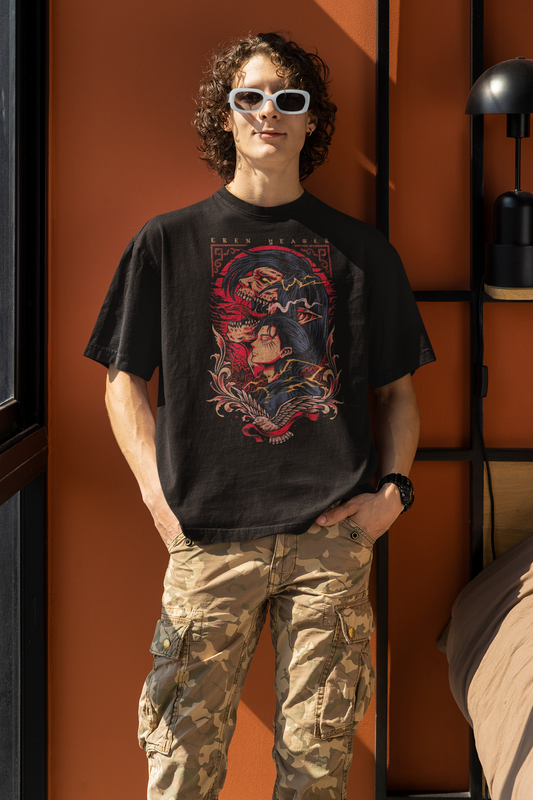 Attack on Titan Eren Oversized T-Shirt – Anime Tee for Men 32 (Black)